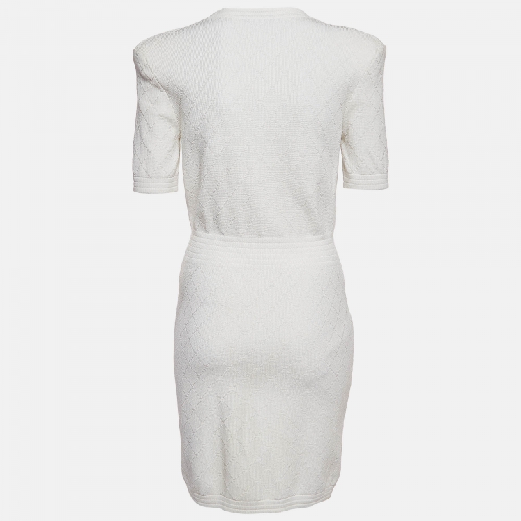 Pre Owned Balmain White Patterned Knit Zip Front Short Dress M