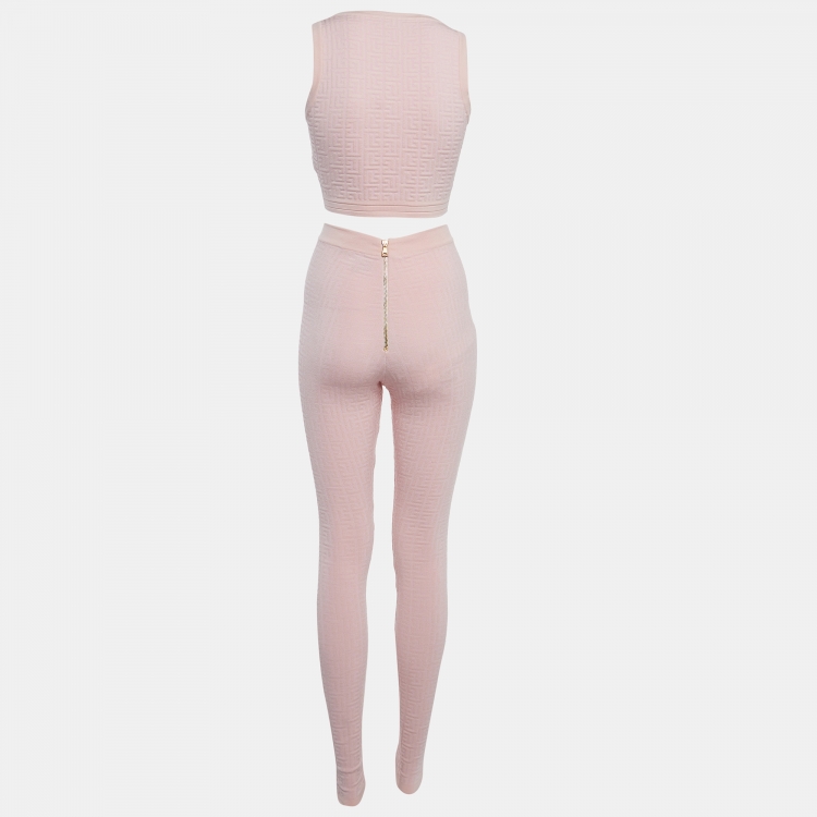 Pre Owned Balmain Pink Embossed Wool Blend Active Wear Set S
