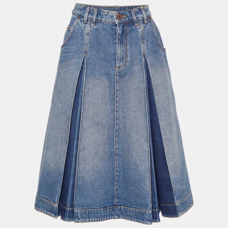 Pre Owned Balmain Blue Denim Pleated Midi Skirt S