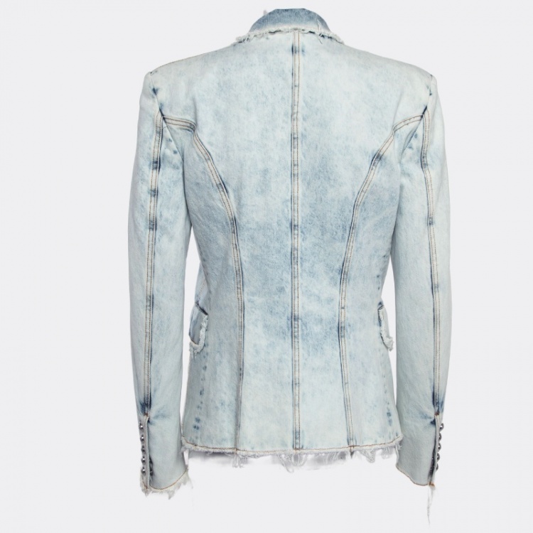 Pre Owned Balmain Blue Distressed Denim Buttoned Double Breasted Jacket L
