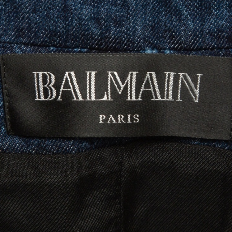 Pre Owned Balmain Blue Distressed Denim Buttoned Double Breasted Jacket L