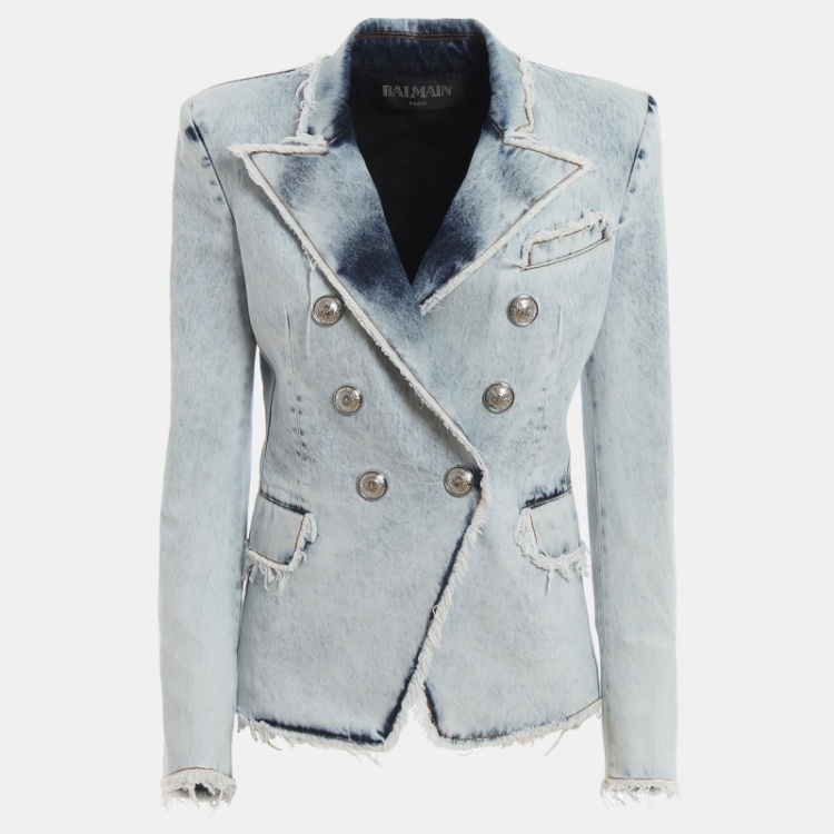 Pre Owned Balmain Blue Distressed Denim Buttoned Double Breasted Jacket L