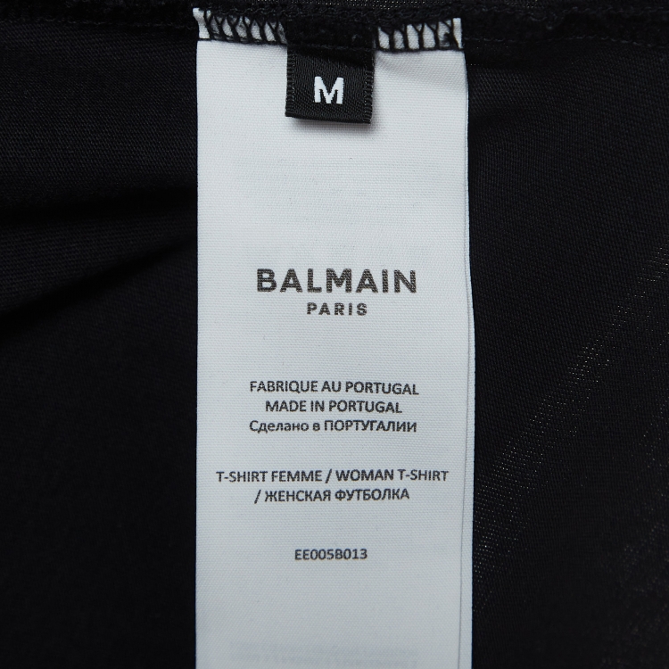 Pre Owned Balmain Black Logo Printed Cotton Knit Crop Top M
