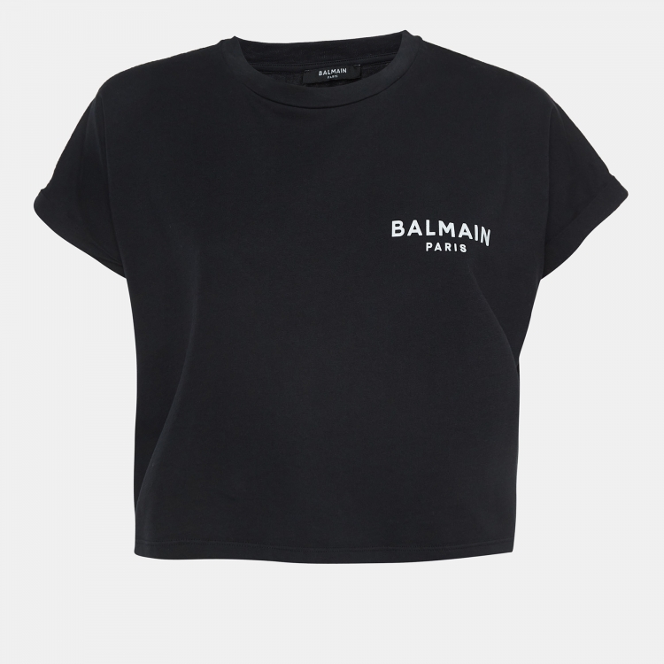 Pre Owned Balmain Black Logo Printed Cotton Knit Crop Top M