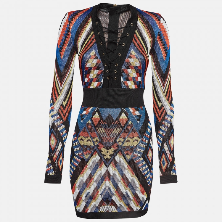 Pre Owned Balmain Multicolor Patterned Knit Lace-Up Mini Sheath Dress S  