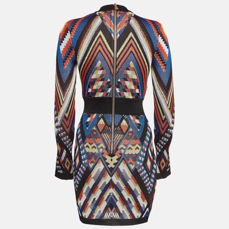 Pre Owned Balmain Multicolor Patterned Knit Lace-Up Mini Sheath Dress S  