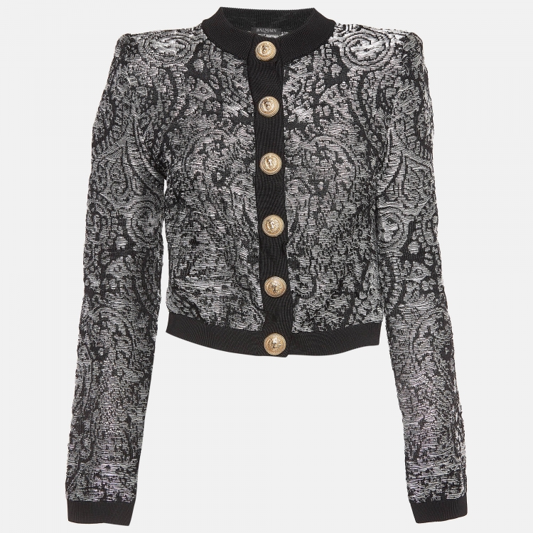 Pre Owned Balmain Black/Silver Lurex Knit Cropped Cardigan S