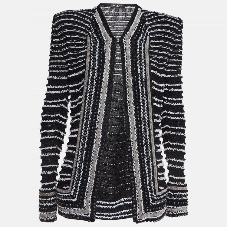 Pre Owned Balmain Navy Blue Embellished Knit Cardigan M