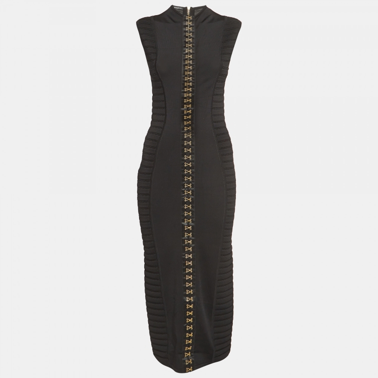 Pre Owned Balmain Black Stretch Knit Hook Detail Bodycon Midi Dress M