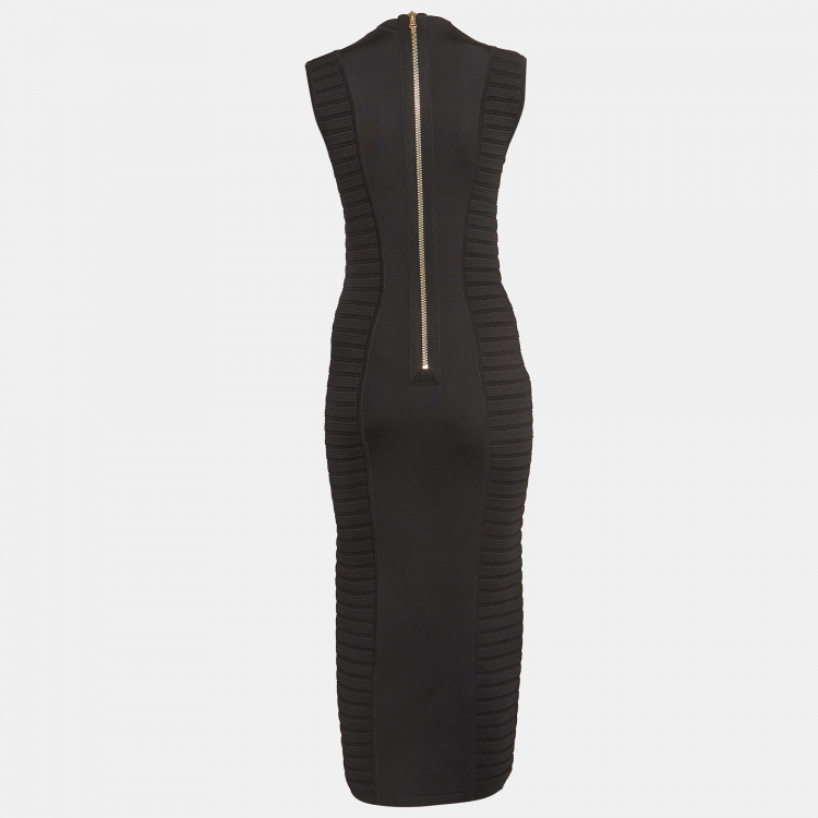 Pre Owned Balmain Black Stretch Knit Hook Detail Bodycon Midi Dress M