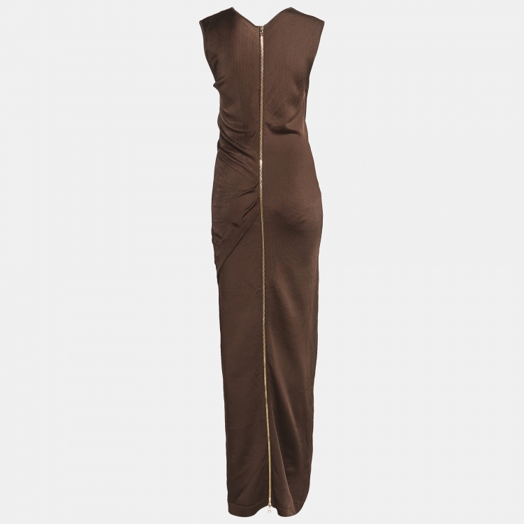 Pre Owned Balmain Brown Stretch Knit Drape Detail Sleeveless Maxi Dress M