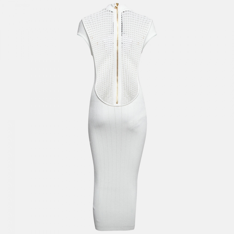Pre Owned Balmain White Mesh Insert Rib Knit Cut-Out Midi Dress M