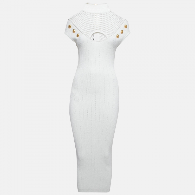 Pre Owned Balmain White Mesh Insert Rib Knit Cut-Out Midi Dress M