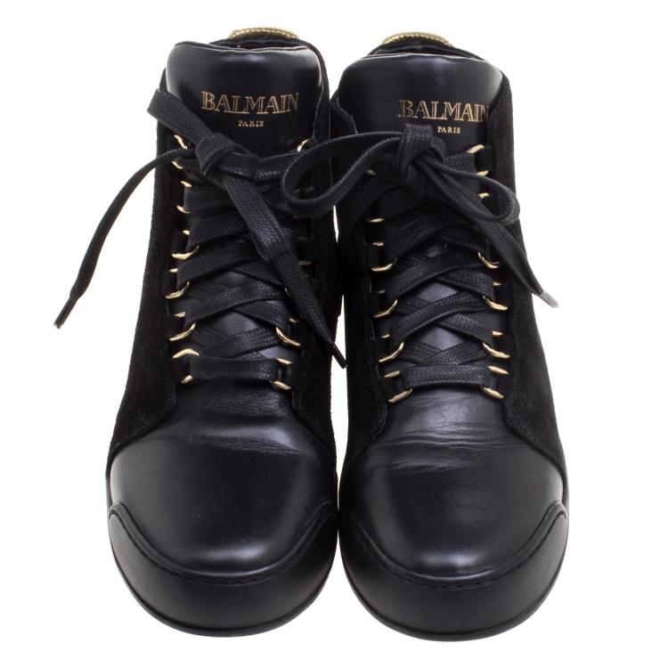 Pre Owned Balmain Gold Metallic Leather And Black Suede High Top Sneakers Size 37