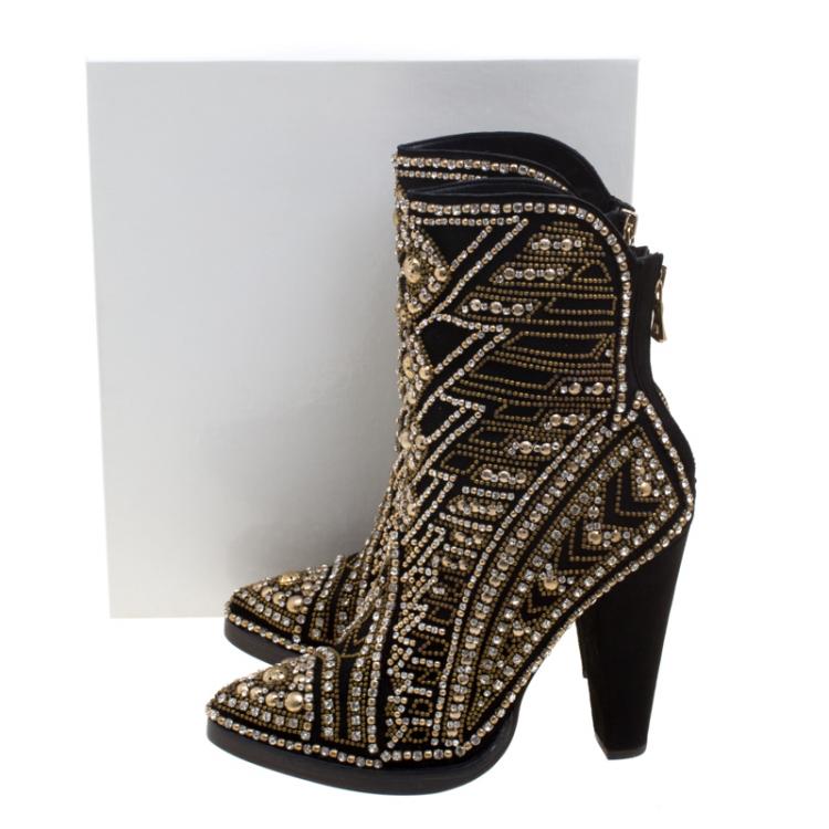 Pre Owned Balmain Black Crystal Embellished Suede Pointed Toe Ankle Boots Size 40