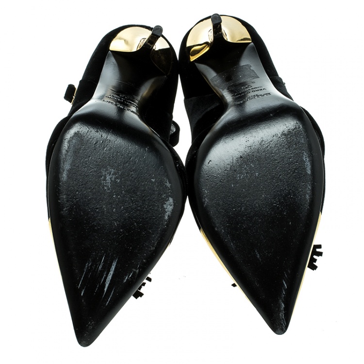 Pre Owned Balmain Black Velvet and Metallic Gold Leather Lena Tassel Ankle Strap Pumps Size 39