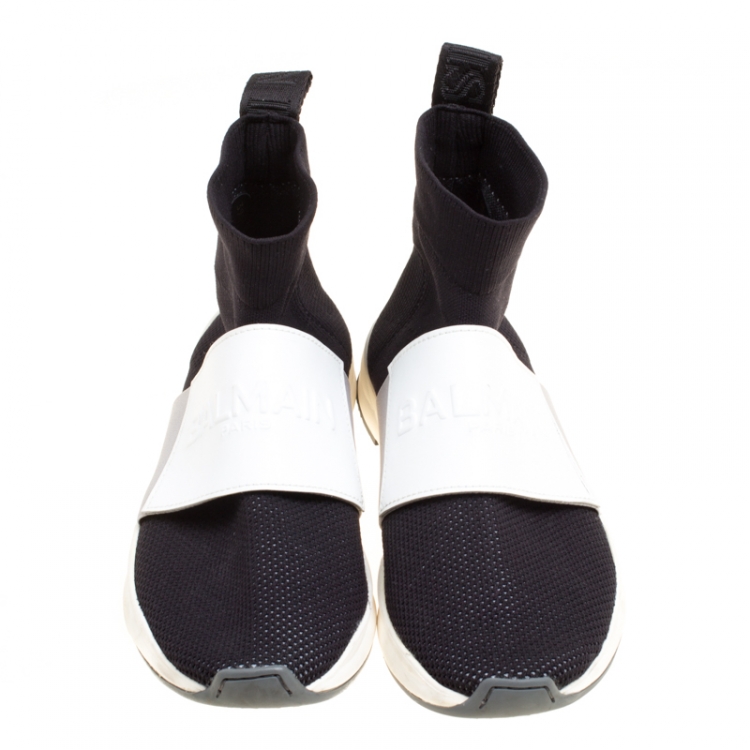 Pre Owned Balmain Black Stretch Knit And Mesh Cameron Embossed Logo High Top Sneakers Size 39.5