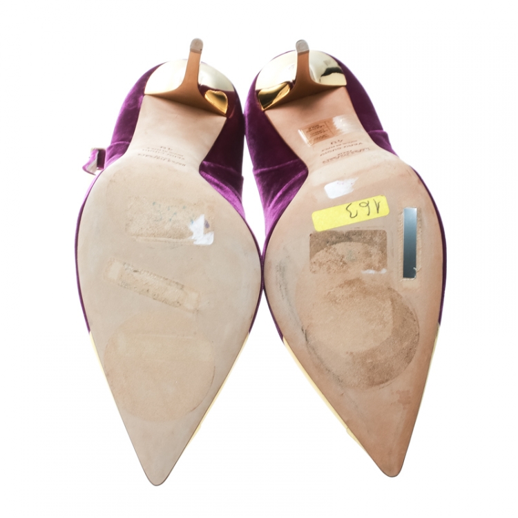 Pre Owned Balmain Purple Velvet And Metallic Gold Leather Ankle Strap Pointed Toe Pumps Size 40