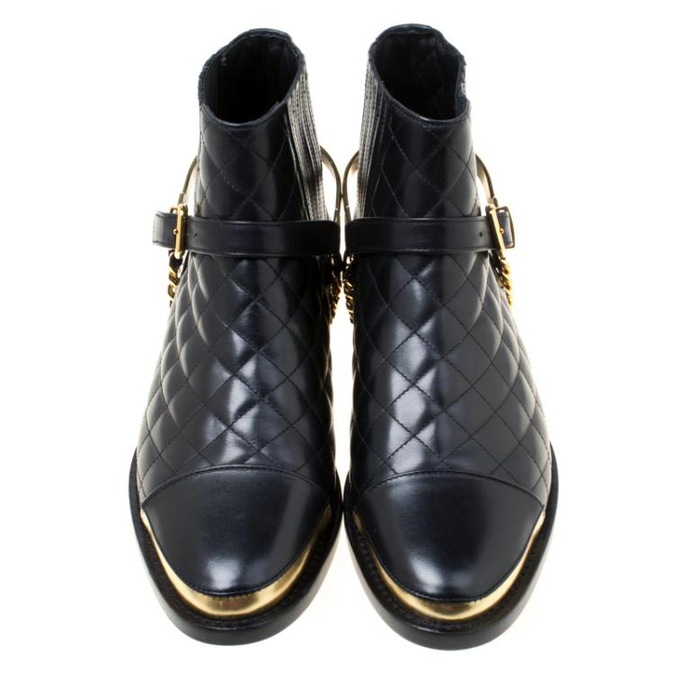 Pre Owned Balmain Black Quilted Leather Chain Embellished Ankle Boots Size 36
