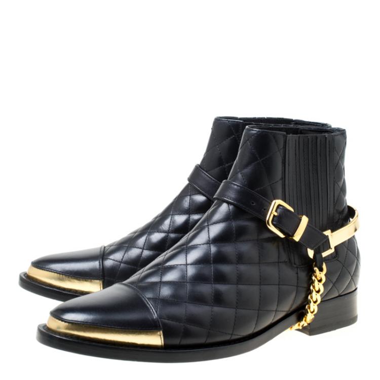 Pre Owned Balmain Black Quilted Leather Chain Embellished Ankle Boots Size 36