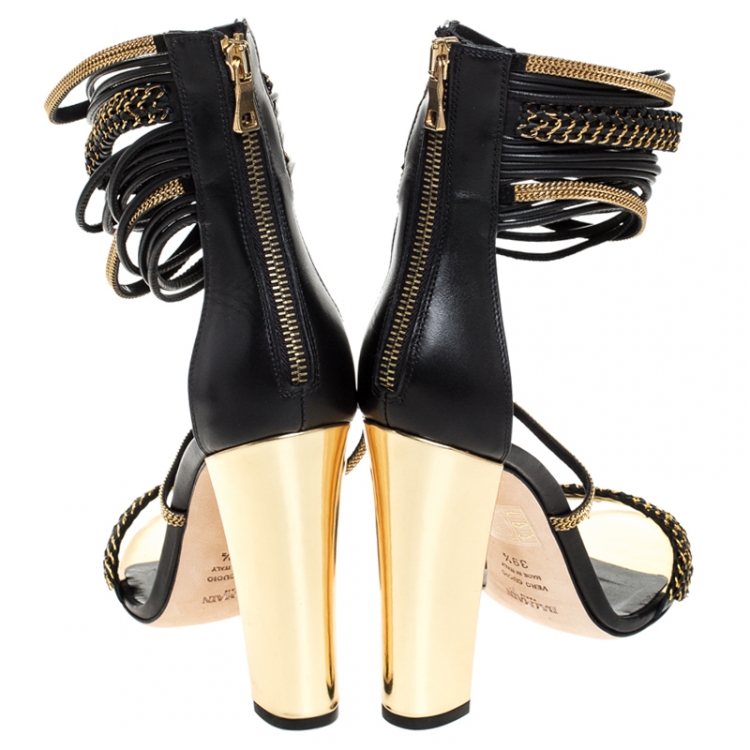 Pre Owned Balmain Black/Gold Leather Chain Link Open Toe Sandals Size 39.5
