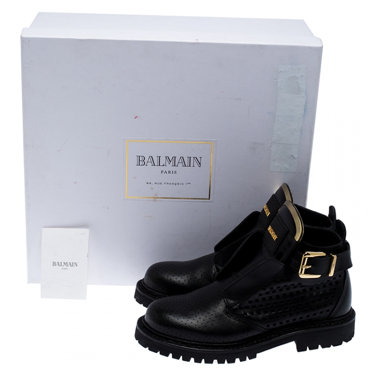 Pre Owned Balmain Black Perforated Leather Buckle Ankle Boots Size 36