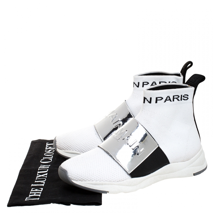 Pre Owned Balmain White/Black Stretch Knit And Leather Cameron Embossed Logo High Top Sneakers Size 37