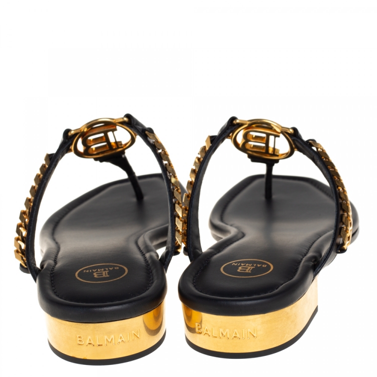 Pre Owned Balmain Black Leather Chain Embellished Thong Sandals Size 38