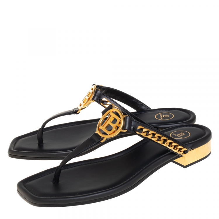 Pre Owned Balmain Black Leather Chain Embellished Thong Sandals Size 38