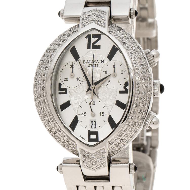 Pre Owned Balmain Silver Stainless Steel and Diamond Excessive Chronograph 5831 Women's Wristwatch 32 mm