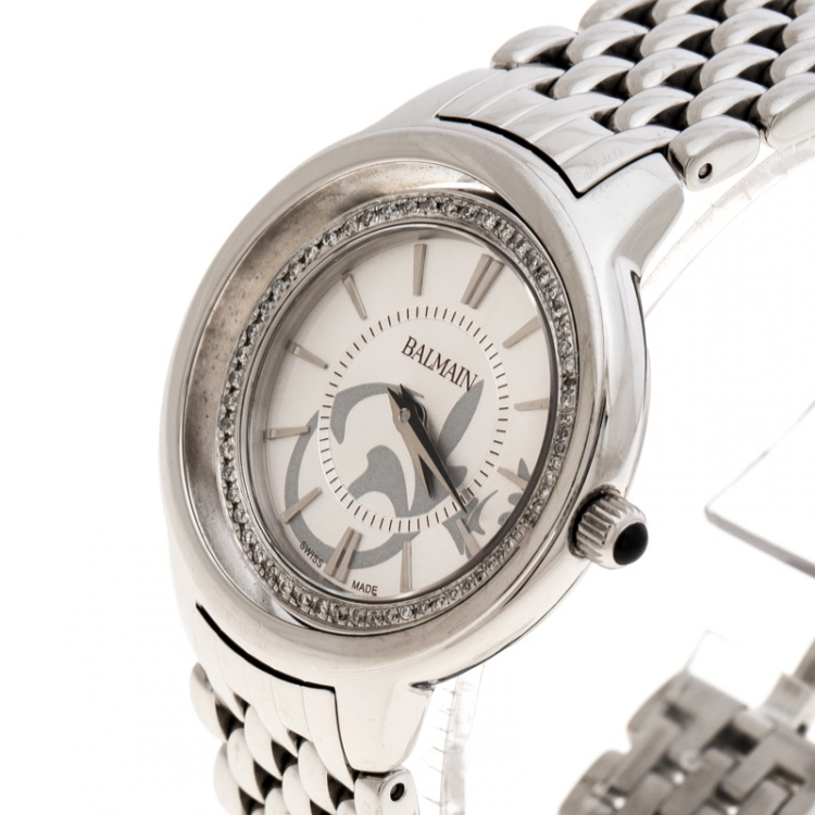 Pre Owned Balmain Silver Stainless Steel Diamonds Eclipse 3291 Women's Wristwatch 34 mm