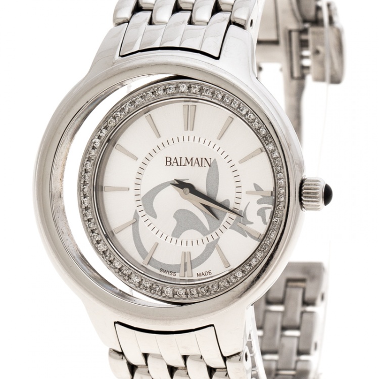 Pre Owned Balmain Silver Stainless Steel Diamonds Eclipse 3291 Women's Wristwatch 34 mm