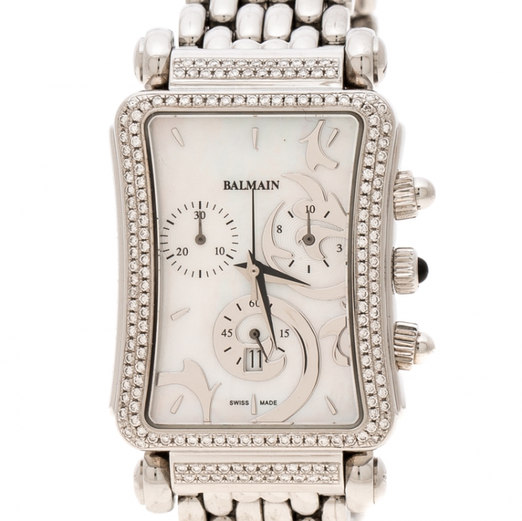 Pre Owned Balmain White Mother of Pearl Stainless Steel Diamonds Jolie Madame 5851 Women's Wristwatch 29 mm