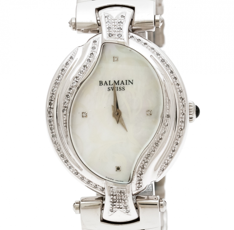 Pre Owned Balmain Mother of Pearl Stainless Steel Diamonds 5451 Women's Wristwatch 30 mm