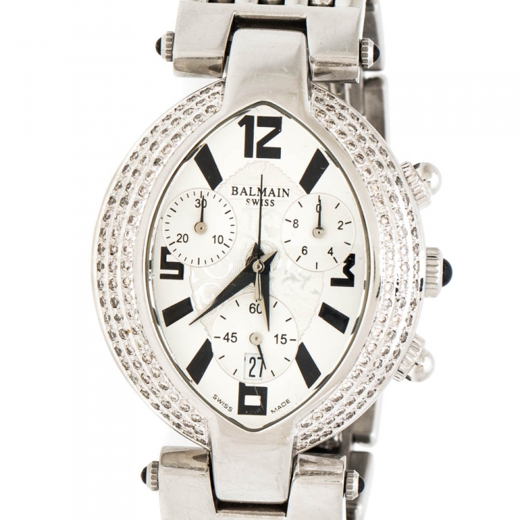 Pre Owned Balmain Silver Stainless Steel and Diamond Excessive Chronograph 5831 Women's Wristwatch 32 mm
