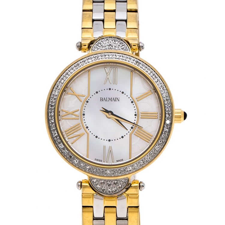 Pre Owned Balmain Mother of Pearl Two-Tone Stainless Steel Diamonds Haute Elegance 8076 Women's Wristwatch 27 mm