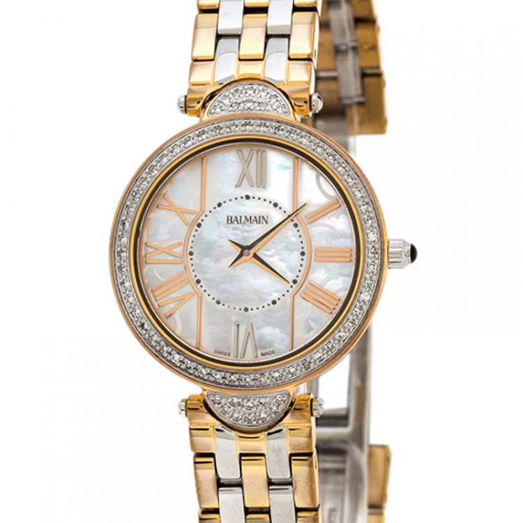 Pre Owned Balmain Mother of Pearl Two-Tone Stainless Steel Diamonds Haute Elegance 8076 Women's Wristwatch 27 mm