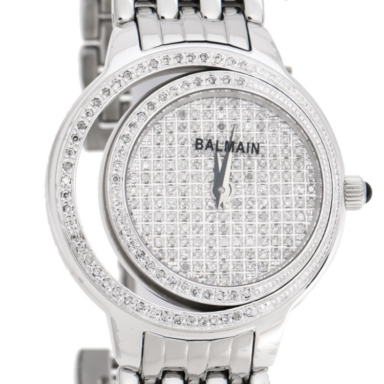 Pre Owned Balmain Diamond Pave Stainless Steel Eclipse Women's Wristwatch 34 mm
