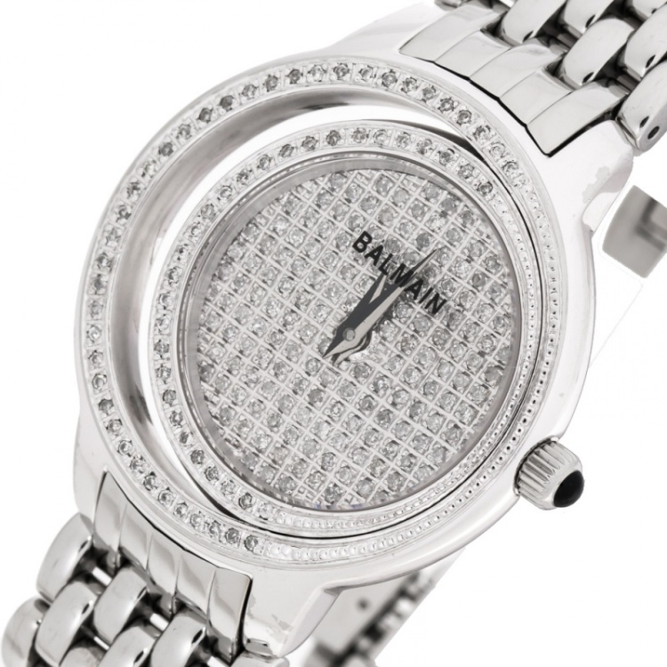 Pre Owned Balmain Diamond Pave Stainless Steel Eclipse Women's Wristwatch 34 mm