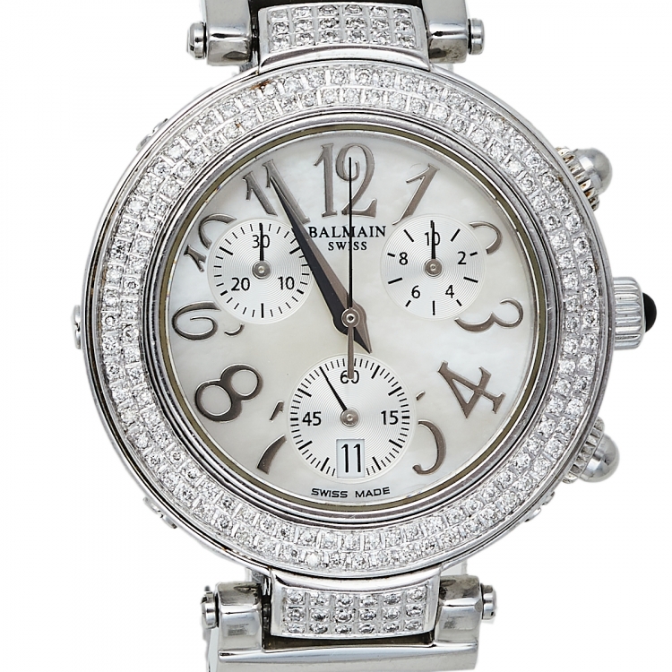 Pre Owned Balmain Mother Of Pearl Stainless Steel Diamonds B5793.33.82 Women's Wristwatch 35 mm
