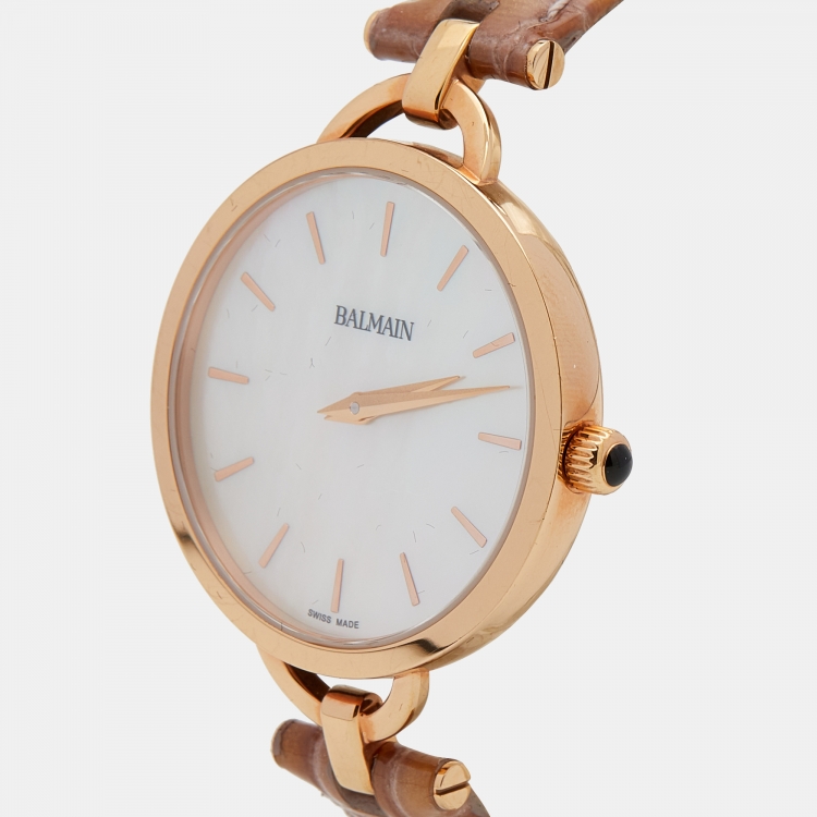 Pre Owned Balmain Mother of Pearl Rose Gold Plated Leather Orithia II B4779.42.86 Women's Wristwatch 32 mm