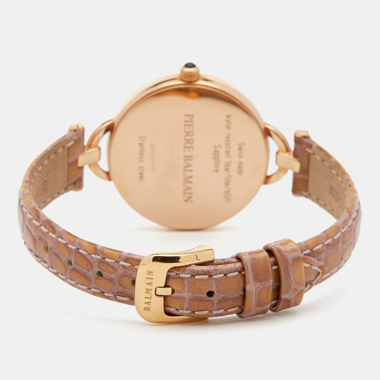 Pre Owned Balmain Mother of Pearl Rose Gold Plated Leather Orithia II B4779.42.86 Women's Wristwatch 32 mm