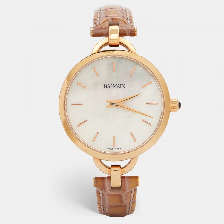 Pre Owned Balmain Mother of Pearl Rose Gold Plated Leather Orithia II B4779.42.86 Women's Wristwatch 32 mm
