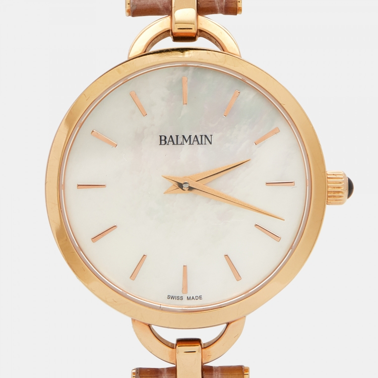 Pre Owned Balmain Mother of Pearl Rose Gold Plated Leather Orithia II B4779.42.86 Women's Wristwatch 32 mm