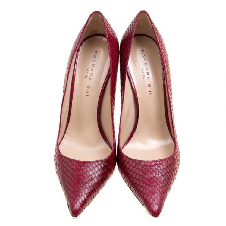 Pre Owned Barbara Bui Red Elaphe Leather Metal Pointed Toe Pumps Size 38