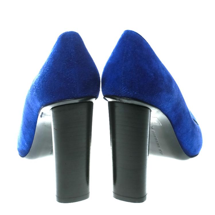 Pre Owned Barbara Bui Blue Suede Metal Pointed Toe Block Heel Pumps Size 38