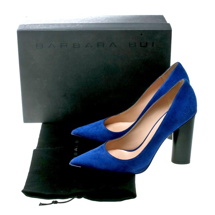 Pre Owned Barbara Bui Blue Suede Metal Pointed Toe Block Heel Pumps Size 38