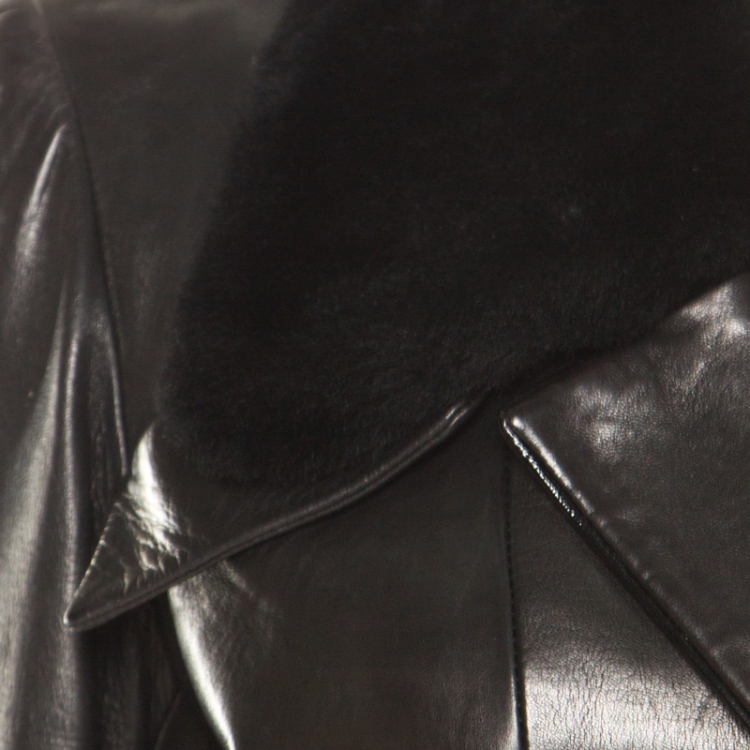 Pre Owned Barbara Bui Dark Brown Fur Collar Belted Leather Jacket L