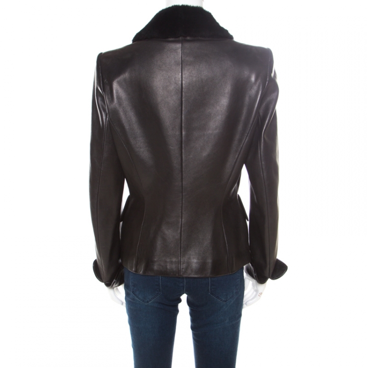 Pre Owned Barbara Bui Dark Brown Fur Collar Belted Leather Jacket L