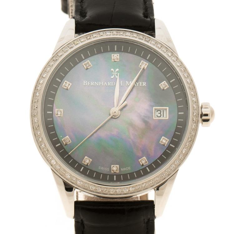 Pre Owned Bernhard H Mayer Blue Mother of Pearl Stainless Steel and Diamond Starlette Women's Wristwatch 34 mm